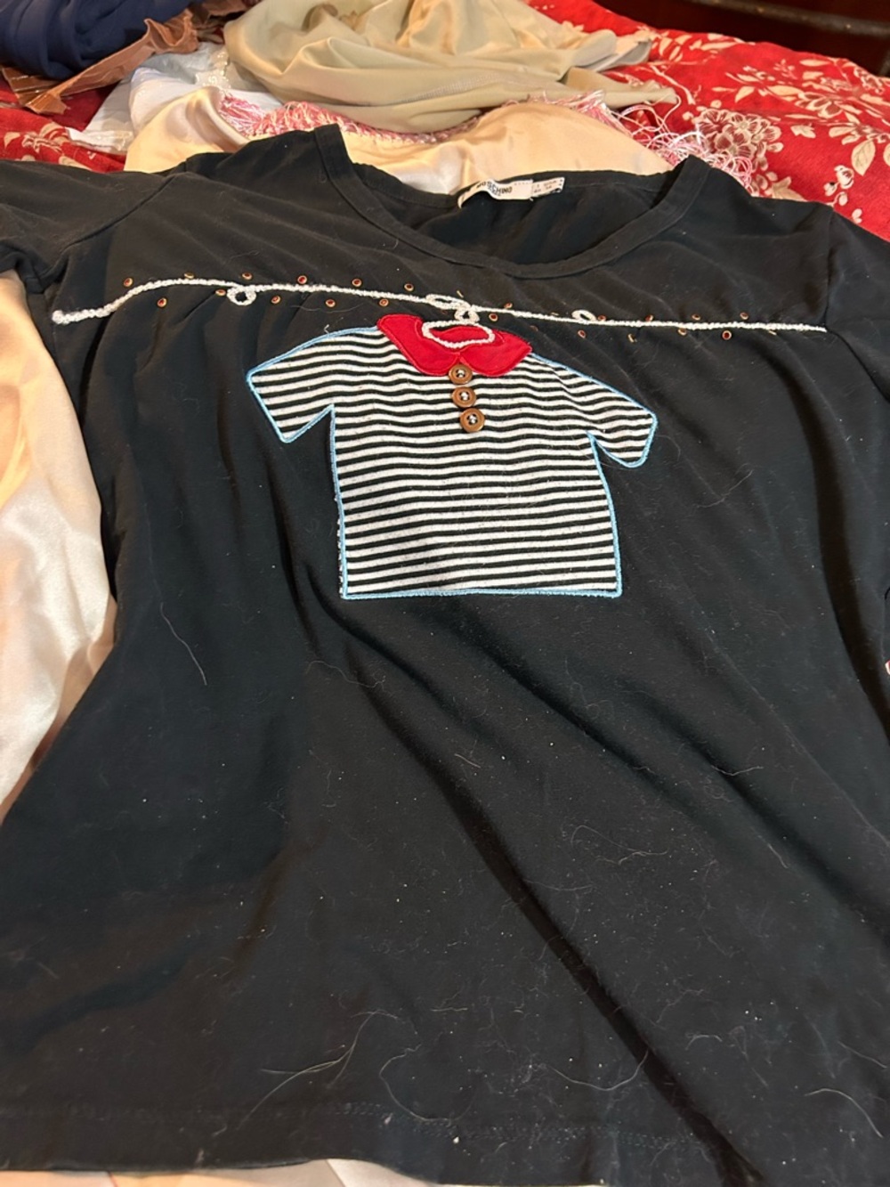 Adorable Moschino Black T with Striped Patch Shirt Graphic & 3-D embellishments.